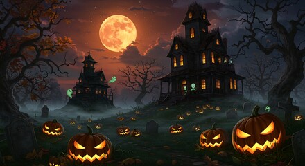 Spooky Halloween Night with Jack-o'-lanterns, Haunted Houses, and Full Moon
