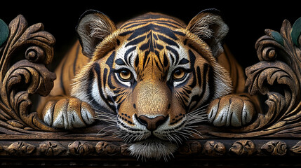 Majestic tiger resting on ornate wooden surface, showcasing intricate details and lifelike expression
