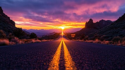 Desert highway sunset vista;  golden road leads to dramatic sky
