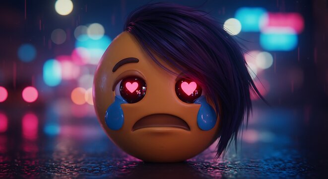 Crying Emoji with Heart Eyes in Rainy Cityscape a Conceptual Illustration - Powered by Adobe
