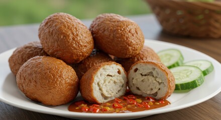 Delicious Fried Fish Cakes with Spicy Sauce and Cucumber Slices: A Culinary Delight