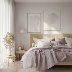 Cozy bedroom interior featuring comfortable bed with stylish minimalist decor
