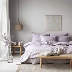 A serene and inviting bedroom interior featuring a bed with soft linens