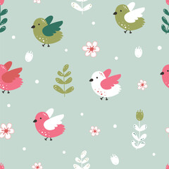 Seamless pattern with cute birds and flower on green background. Cartoon spring collection. Vector illustration. Design for wrapping paper, wallpaper, fabric, textile, apparel