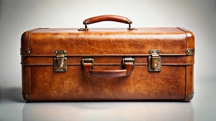 Vintage Brown Leather Suitcase on Brown Background - Retro Travel Luggage