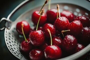 Fresh red cherries with water droplets in a metal colander, showcasing their natural shine and vibrant color.