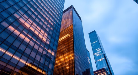Obraz premium Skyscrapers at twilight ascend into the atmosphere.