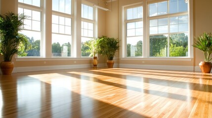 Sunlit interior room with hardwood floors and large windows overlooking trees