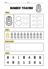 Introduce your child to the exciting world of numbers with this 8 Number Tracing Worksheet and Coloring Page! This fun and educational printable is designed for preschoolers, toddlers.