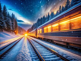 Obraz premium Glowing Train Windows on a Snowy Night - Winter Railroad Scene