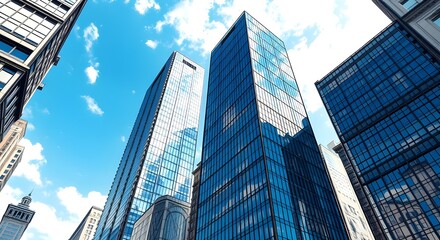 Naklejka premium Skyscrapers at twilight ascend into the atmosphere.