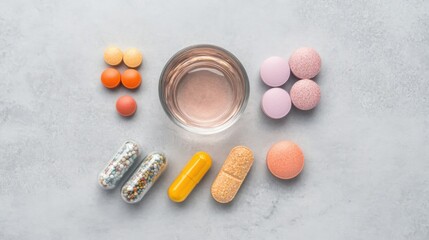 Health and wellness supplements kitchen table product arrangement indoors top-down view nutritional benefits