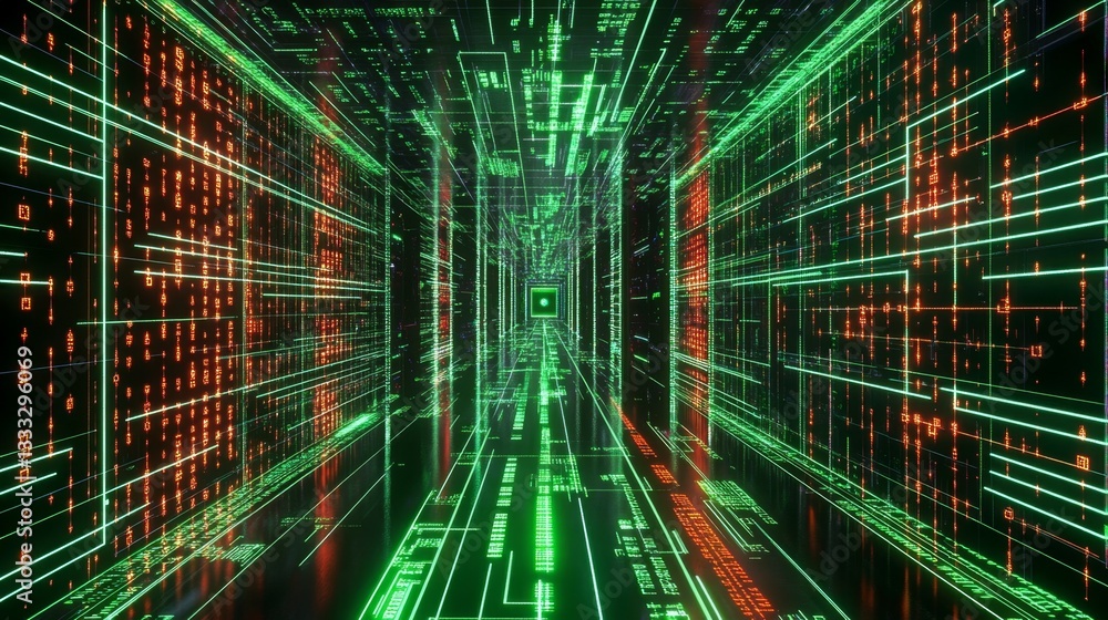 Poster exploring a virtual cyberspace digital patterns gigapixel realm vast environment immersive experienc