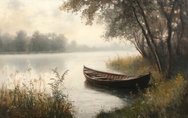 Serene early morning mist on the river with an old wooden boat, surrounded by trees and grassy banks