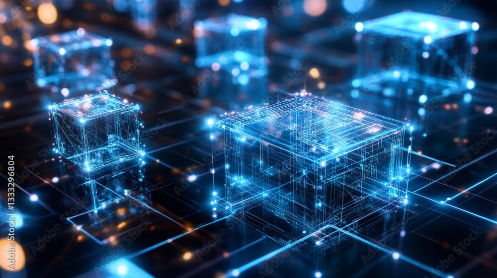 Poster exploring virtual cyberspace digital realm holographic cubes immersive environment 3d perspective gi