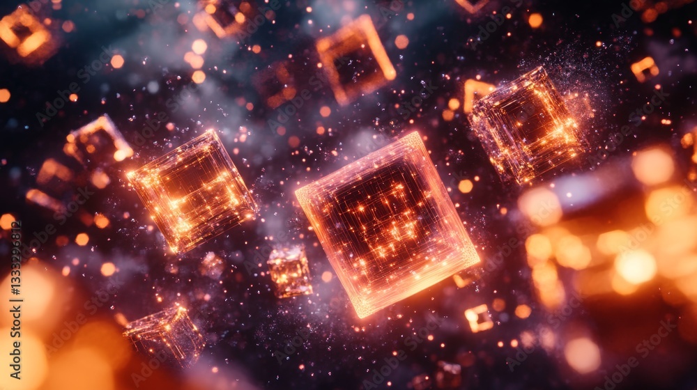 Poster exploring a virtual cyberspace with holographic cubes digital realm 3d visual experience immersive e