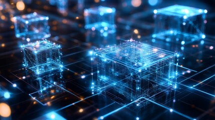 Exploring virtual cyberspace digital realm holographic cubes immersive environment 3d perspective gigapixel concept