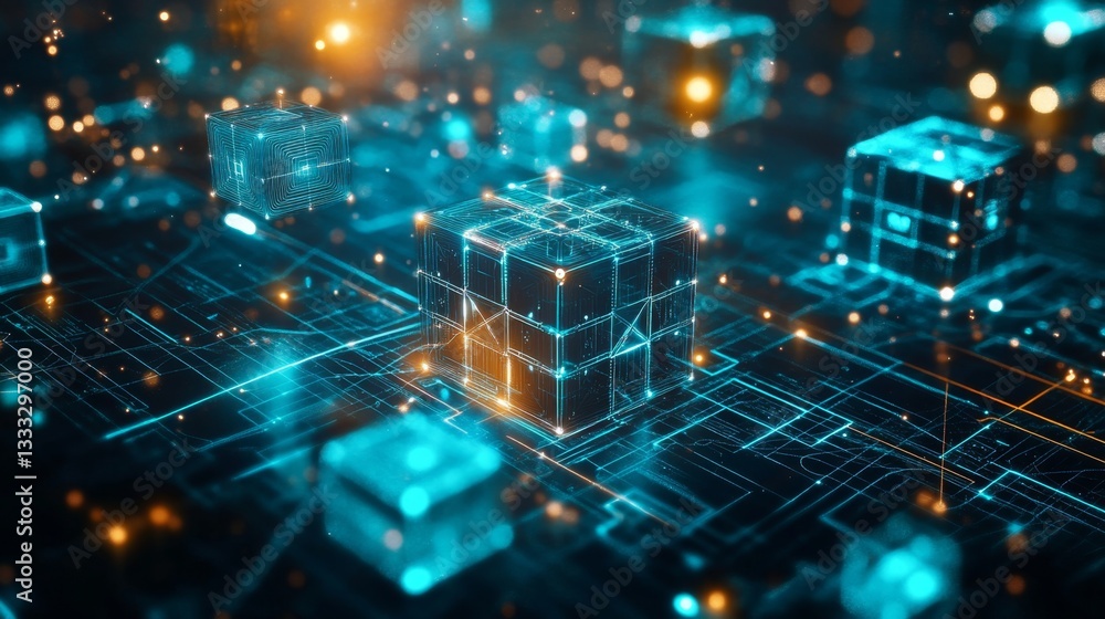 Poster exploring a virtual cyberspace with holographic cubes digital realm interactive experience futuristi