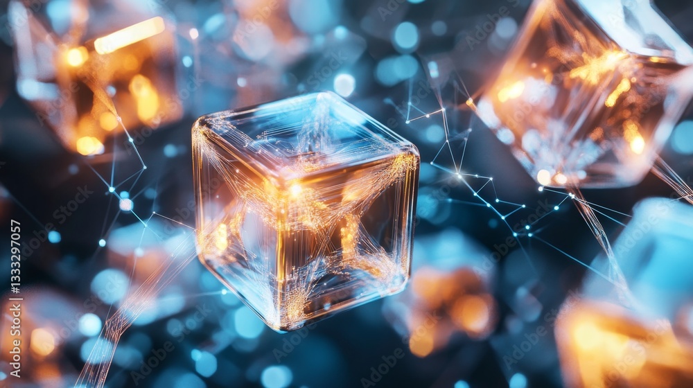 Poster exploring holographic cubes in virtual cyberspace digital world interactive experience virtual reali