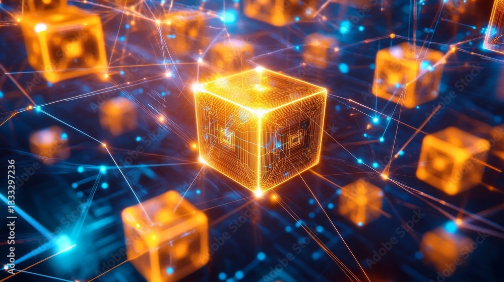 Poster exploring virtual cyberspace with holographic cubes digital realm 3d visualization immersive environ