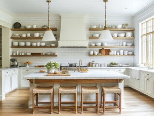 A Modern Kitchen Interior Featuring White Fixtures and Wooden Accents