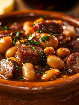 Savory stew of beans and sausage, garnished with fresh herbs