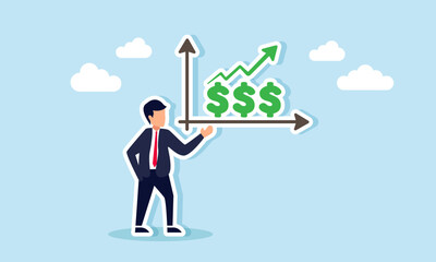 Businessman showing a rising chart from a series of dollar signs, illustration of increasing profit, revenue, and business valuation