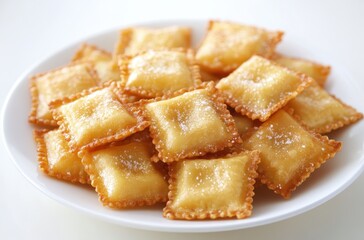 Deliciously Crisp Golden Ravioli Filled with Savory Ingredients on a White Plate Perfect for Gourmet Culinary Presentations