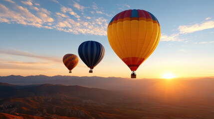 Obraz premium Hot air balloons soaring at sunrise over mountains, creating serene atmosphere
