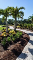 Fototapeta premium Serene Palm Tree Lined Pathway Landscaping Design