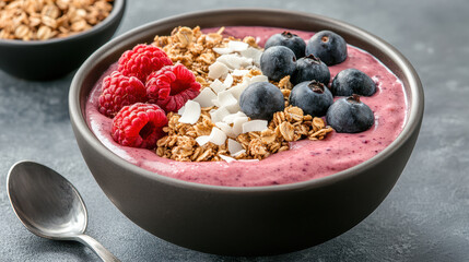 colorful smoothie bowl topped with granola, berries, and coconut