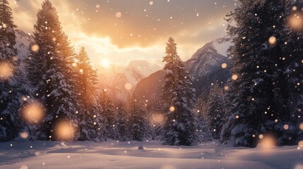 Naklejka premium Majestic winter landscape of Yosemite National Park with snow-capped mountains, golden hour lighting, and misty clouds among trees