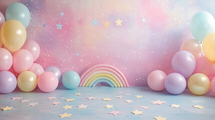 A pastel rainbow and balloons create a magical birthday backdrop perfect for newborn baby girl photoshoots or whical first birthday celebrations with pastel stars scattered