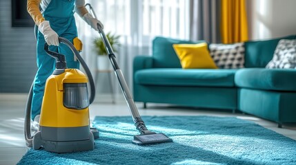 A professional cleaning service rejuvenates a teal couch with advanced equipment in a bright living room