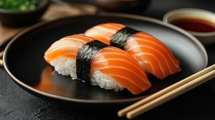 Fresh salmon sushi pieces on a dark plate