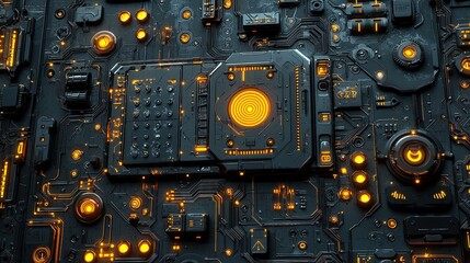 Fototapeta premium Abstract technology background with glowing circuits and a central luminous pattern design