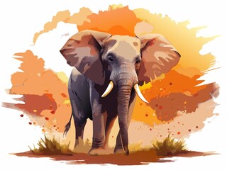 Majestic watercolor elephant, standing in the African savanna, detailed textured skin, warm sunset hues.