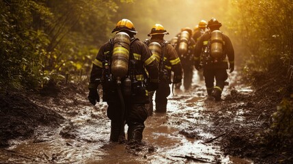 Fototapeta premium Firefighters trudge through mud, heavy gear on their backs, forest around. Use for themes of bravery, hard work, rescue efforts, or nature disasters.