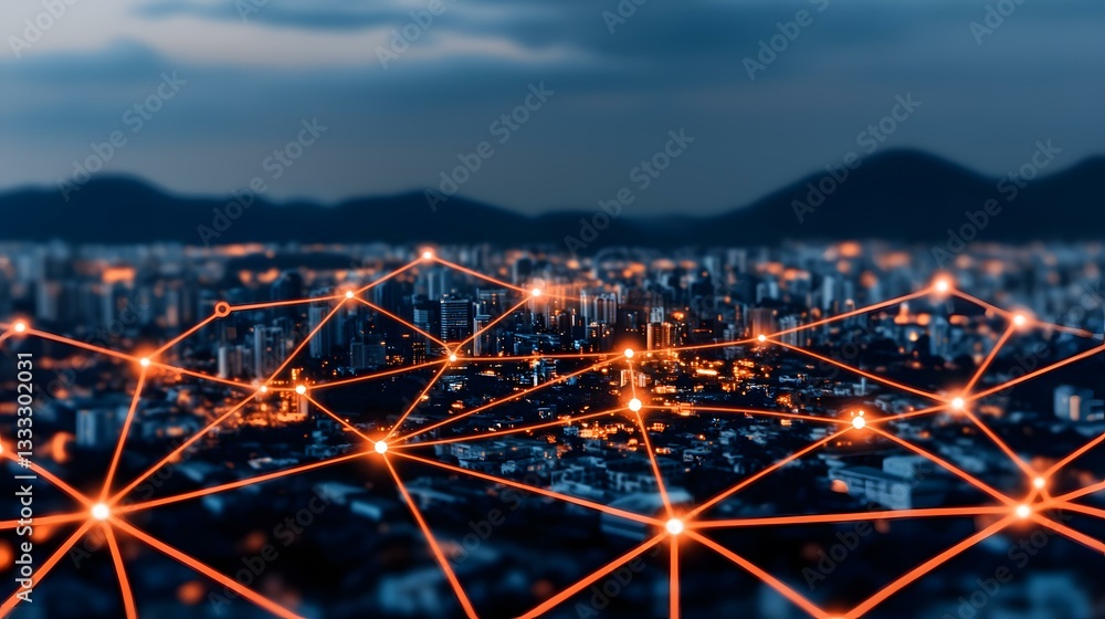 Poster an image depicting a network of glowing orange lines connecting points of light over a blurred citys