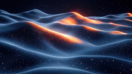 Obraz premium Abstract Digital Landscape with Flowing Waves and Glowing Particles in Dark Environment