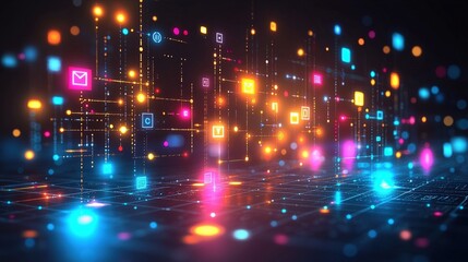 Obraz premium Abstract Digital Visualization of Colorful Data Flow and Icons in a Futuristic Environment