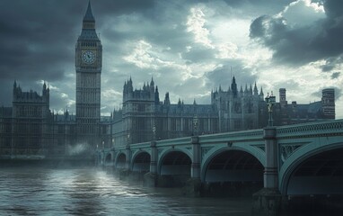 Fototapeta premium Big Ben & the Houses of Parliament — London’s iconic clock tower stands tall under rolling clouds, framed by an ancient stone bridge over the Thames, embodying timeless grandeur.