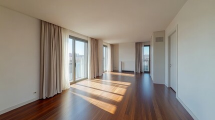 Obraz premium 91.Interior of Empty Living Room with Large Bright Window and Curtains by Closed Door in Modern Apartment with White Walls and Hardwood Floor