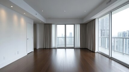 Obraz premium 91.Interior of Empty Living Room with Large Bright Window and Curtains by Closed Door in Modern Apartment with White Walls and Hardwood Floor