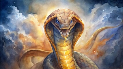 Watercolor illustration of a cobra with an open mouth and a background of clouds and stars
