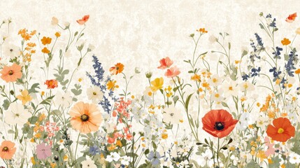 39.Hand-drawn floral design with a mix of wildflowers including poppies, clovers, and chamomile, scattered delicately across a light, textured background in soft pastel hues.