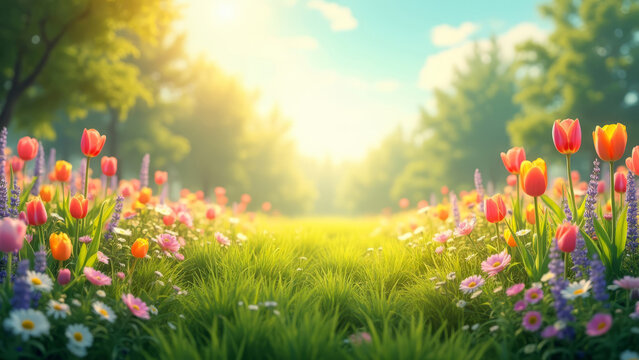 Paesaggio primaverile con campo fiorito e cielo sereno. Generative AI