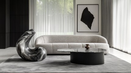 102.Stylish home interior featuring a gray sofa positioned on a textured gray rug, a marble kitchen island with clean lines, a minimalist black coffee table, sheer curtains, and an abstract sculpture