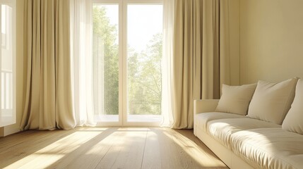 73.Minimalist Interior Design of a Modern Living Room with a White Sofa, Wooden Floor and Beige Curtains