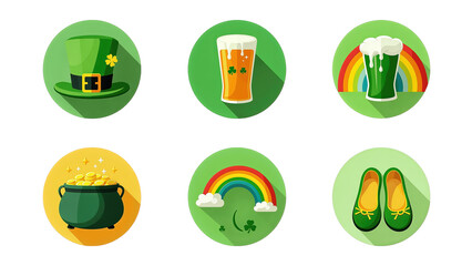 Colorful flat-design icons with long shadows featuring leprechaun hat, pot of gold, beer pint, rainbow, and green shoes in pixel art style arranged in a grid format.